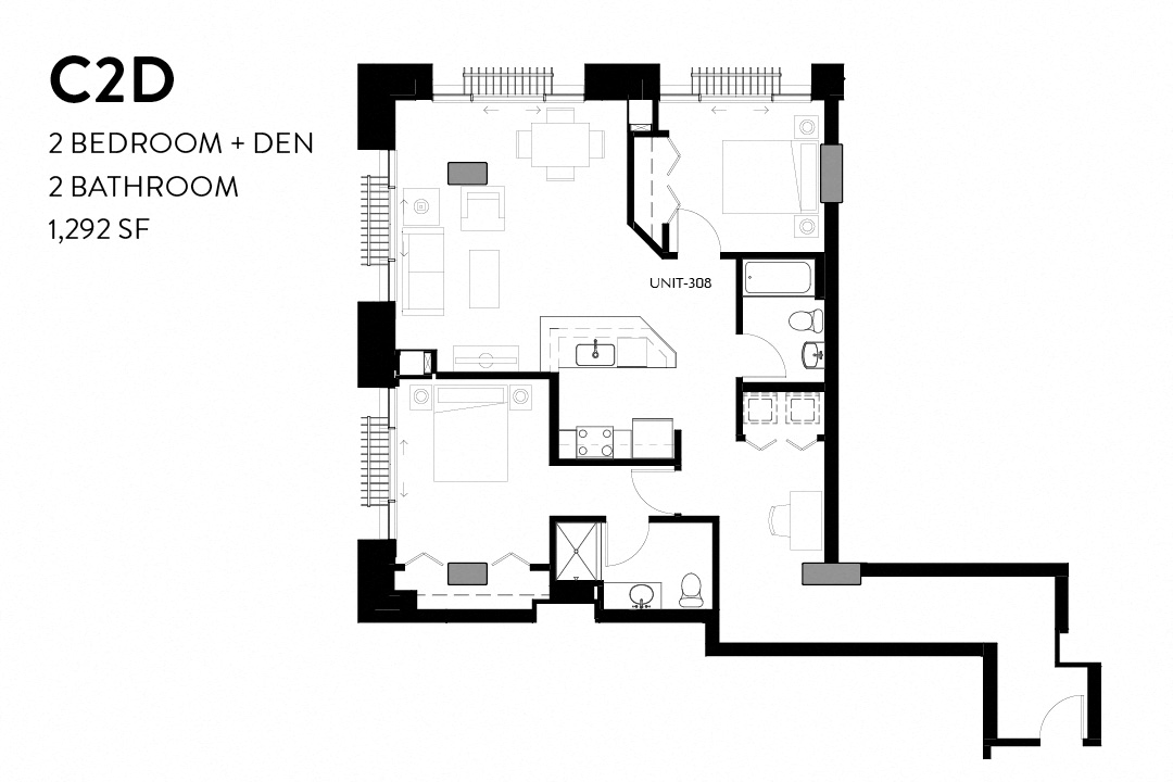 Floor plan for 2 beds, 2 baths, 1290 sqft